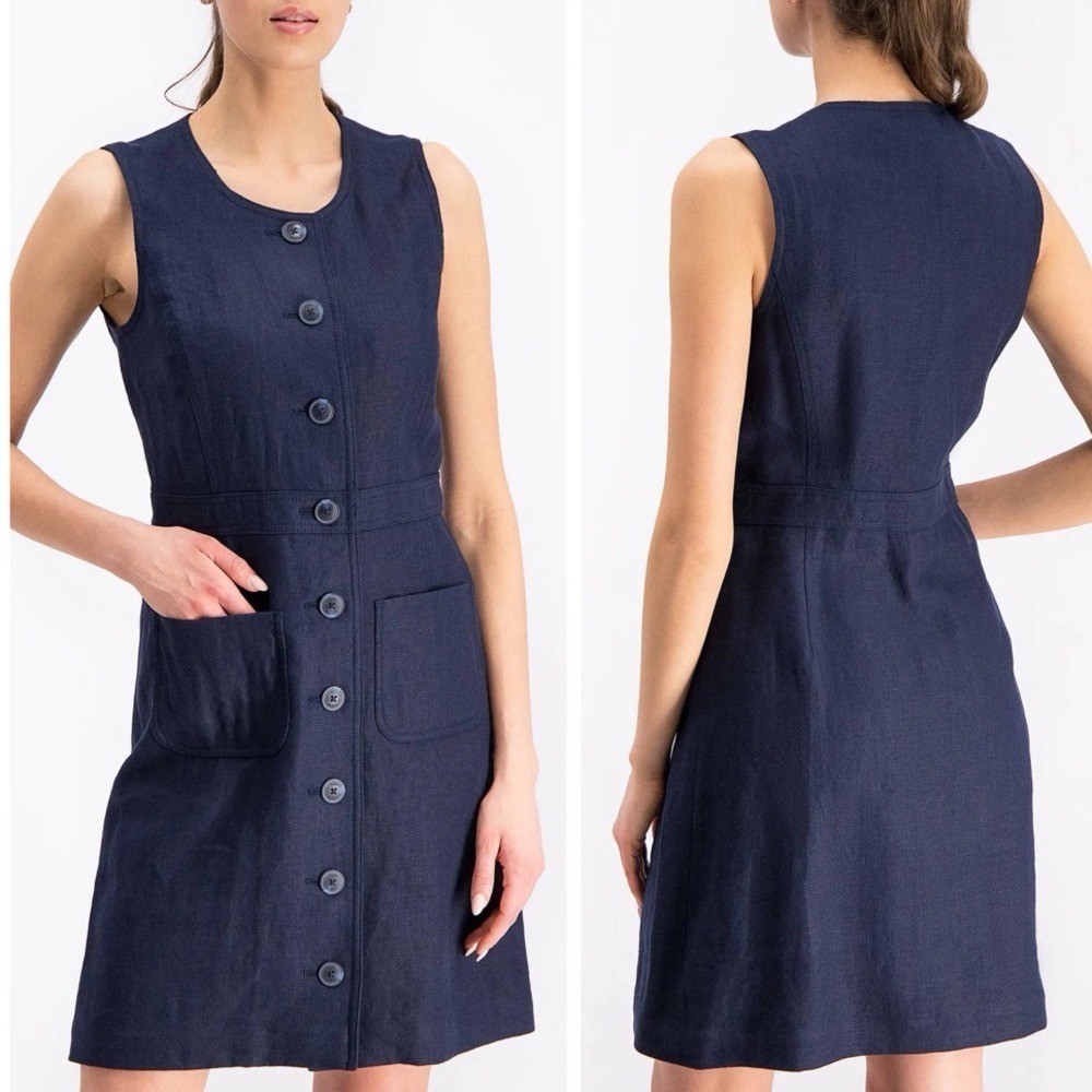 Tory Burch Sleeveless Button Front Linen Shift Dress Women 2 Navy Blue Pockets